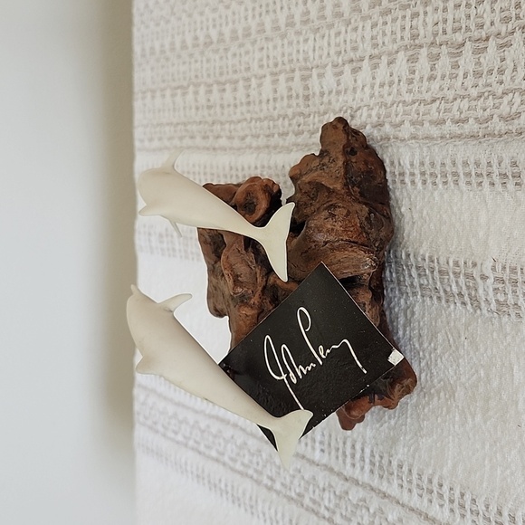 John Perry Double Dolphins Sculpture Figurine on Burl Wood Base - Picture 3 of 8